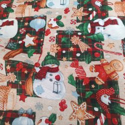 Hóember és mézi mintás karácsonyi loneta (dekortextil) ünnepi hangulatú, párnának dekorációnak