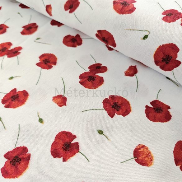 Fehér alapon pipacs mintás loneta (dekortextil) 
