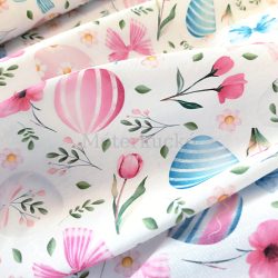   Fehér alapon virág, masni, tojás mintás loneta (dekortextil) rózsaszín 