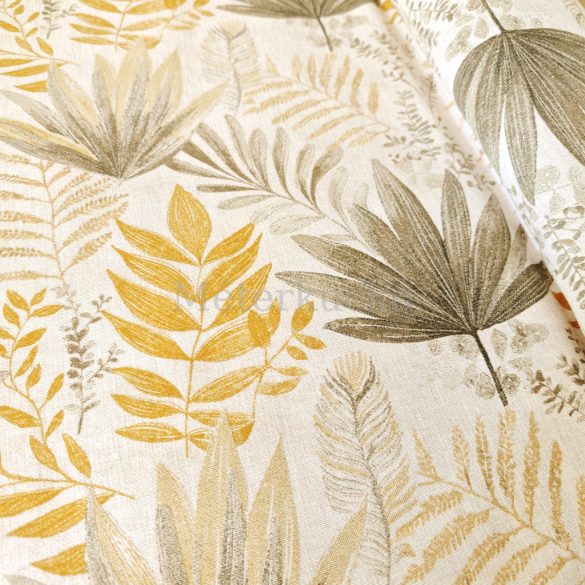 Mustár-zöld levél mintás őszi loneta (dekortextil) 