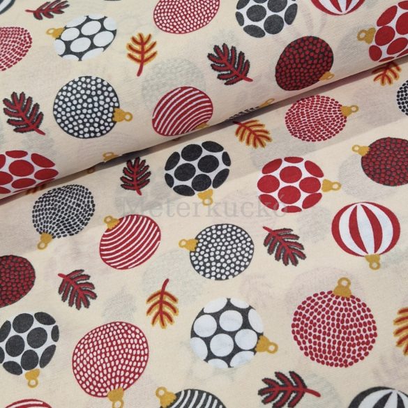Piros-szürke karácsonyi gömb mintás loneta (dekortextil) 