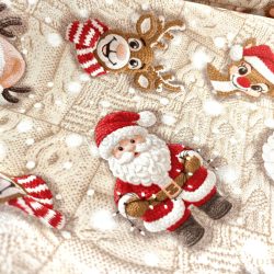   Bézs alapon Mikulás és Rudolf mintás kötött hatású loneta (dekortextil)