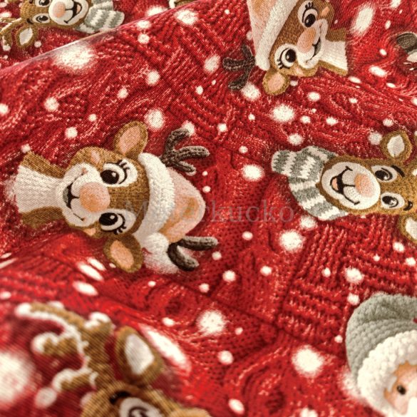 Piros alapon Mikulás és Rudolf mintás kötött hatású loneta (dekortextil)