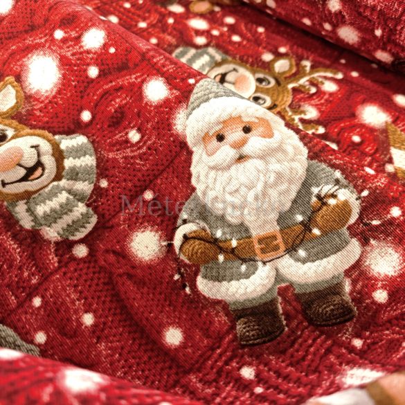 Piros alapon Mikulás és Rudolf mintás kötött hatású loneta (dekortextil)