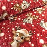Piros alapon Mikulás és Rudolf mintás kötött hatású loneta (dekortextil)