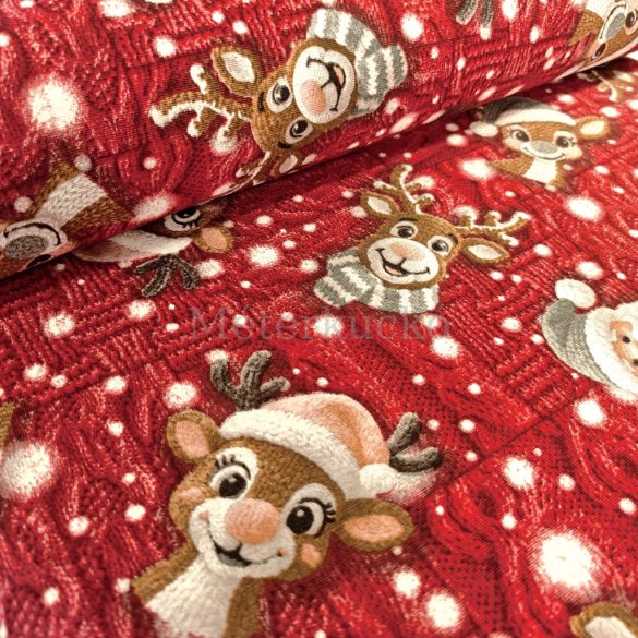Piros alapon Mikulás és Rudolf mintás kötött hatású loneta (dekortextil)