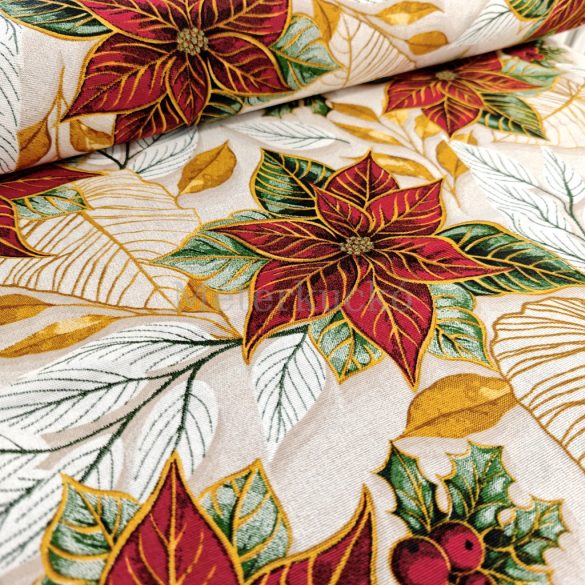 Aranykontúros mikulásvirág mintás karácsonyi loneta (dekortextil)
