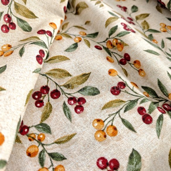 Bézs alapon őszi bogyó mintás loneta (dekortextil)
