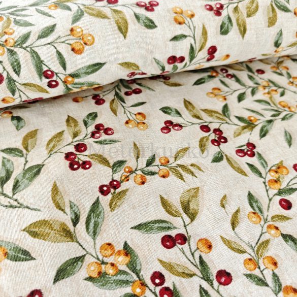 Bézs alapon őszi bogyó mintás loneta (dekortextil)
