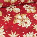 Piros alapon arany karácsonyi díszek mintás loneta (dekortextil)