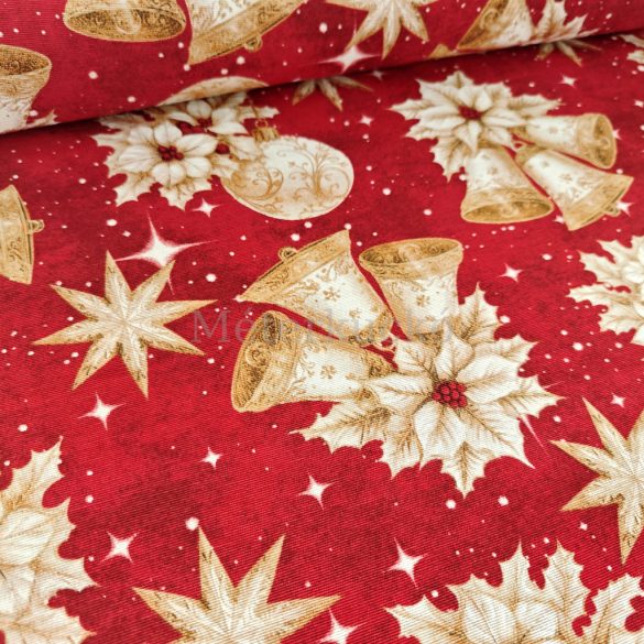 Piros alapon arany karácsonyi díszek mintás loneta (dekortextil)