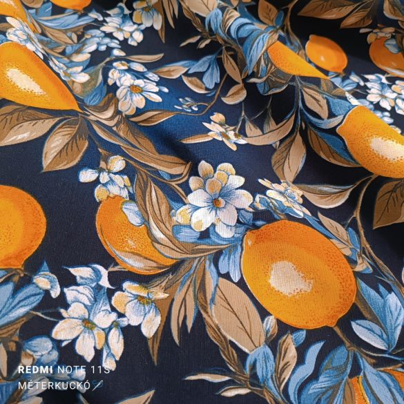 Kék alapon citrom mintás loneta (dekortextil)