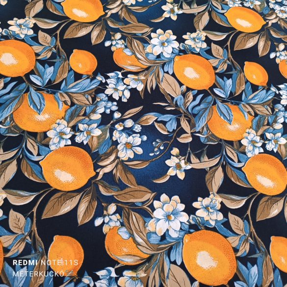 Kék alapon citrom mintás loneta (dekortextil)