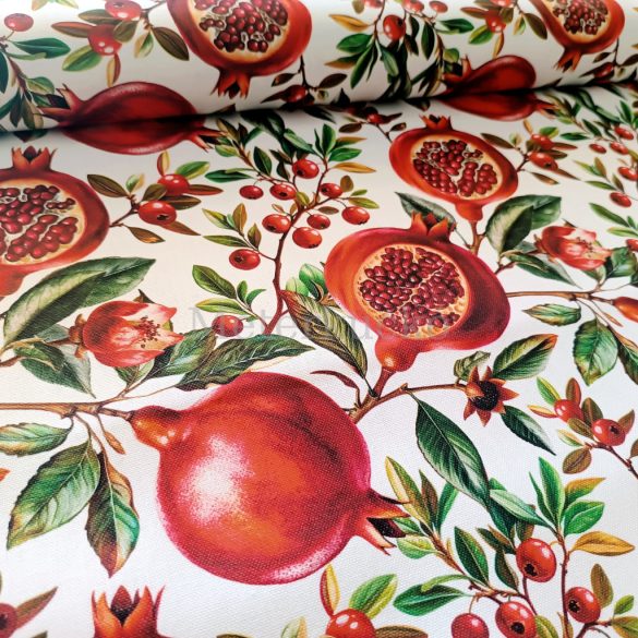 Fehér alapon gránátalma mintás őszies loneta (prémium dekortextil)