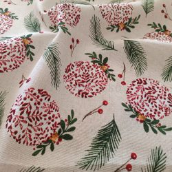 Drapp alapon piros gömbös karácsonyi loneta (dekortextil) vastag vászon dekorációhoz, párnához, drapériához
