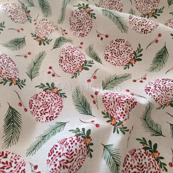 Drapp alapon piros gömbös karácsonyi loneta (dekortextil) vastag vászon dekorációhoz, párnához, drapériához