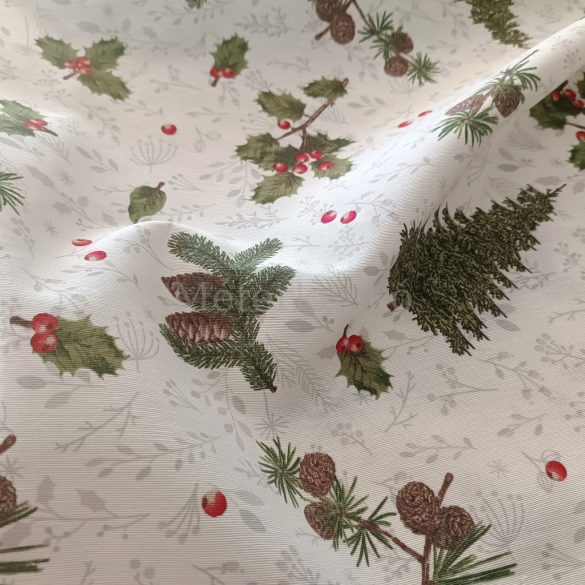 Fenyő, magyal, toboz mintás karácsonyi loneta (dekortextil) 1fm-es darab! 