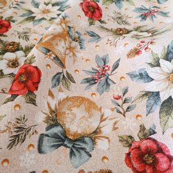 Mikulásvirág és csengettyű mintás karácsonyi loneta (dekortextil) ünnepi hangulatú, párnának dekorációnak