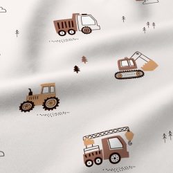 Ekrü alapon traktor, dömper mintás pamutvászon