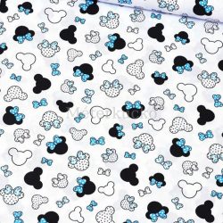 Fehér alapon kék masnis egérfejes pamutvászon
