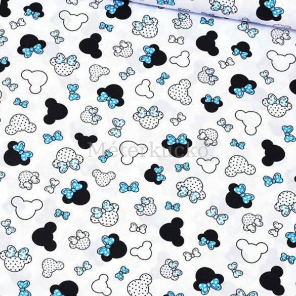Fehér alapon kék masnis egérfejes pamutvászon