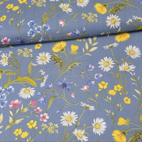 Kék alapon mezei virágok mintás pamutvászon