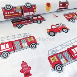 Fehér alapon piros tűzoltóautó mintás pamutvászon